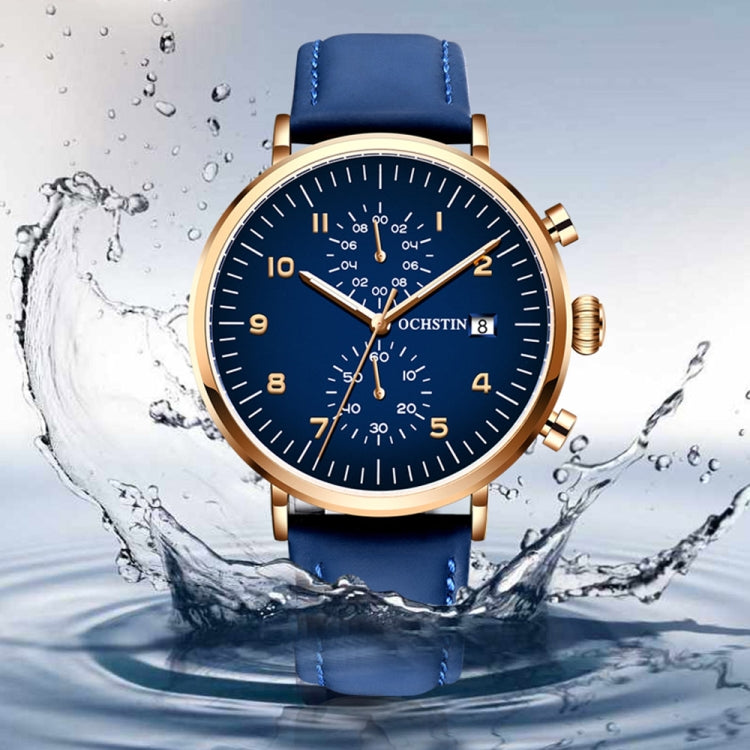 OCHSTIN 6076C Multifunctional Quartz Waterproof Men Leather Watch(Rose Gold+Blue) - Leather Strap Watches by OCHSTIN | Online Shopping UK | buy2fix