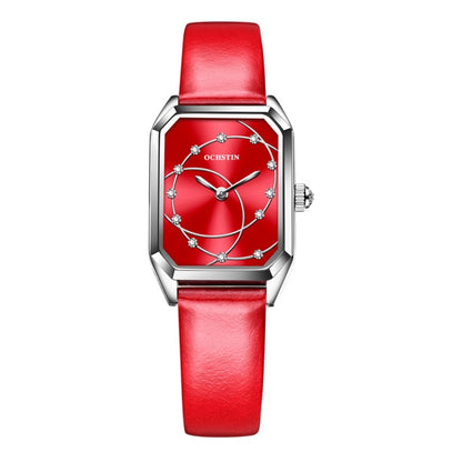 OCHSTIN 7008C Parangon Series Fashion Casual Leather Strap Quartz Watch(Silver+Red) - Leather Strap Watches by OCHSTIN | Online Shopping UK | buy2fix