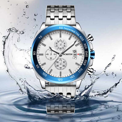 OCHSTIN 7079 Multifunctional Quartz Waterproof Luminous Steel Strap Men Watch(Silver Blue) - Metal Strap Watches by OCHSTIN | Online Shopping UK | buy2fix