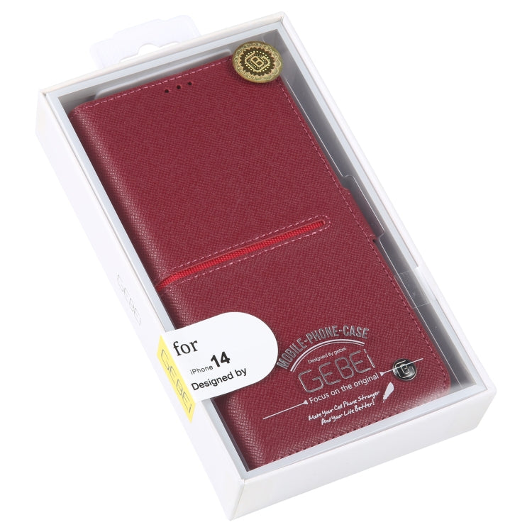 For iPhone 14 GEBEI Top-grain Horizontal Flip Leather Phone Case(Wine Red) - iPhone 14 Cases by GEBEI | Online Shopping UK | buy2fix