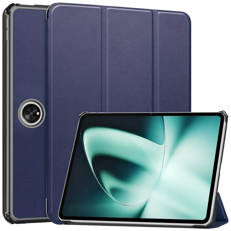 For OnePlus Pad Custer Pure Color 3-Fold Holder Smart Leather Tablet Case(Dark Blue) - Others by buy2fix | Online Shopping UK | buy2fix