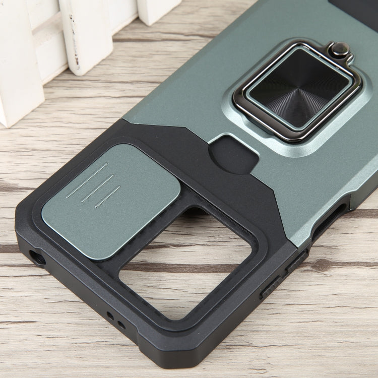 For Xiaomi Redmi Note 12 5G / Poco X5 Camera Shield Card Slot Phone Case with Ring Holder(Dark Green) - Note 12 Cases by buy2fix | Online Shopping UK | buy2fix