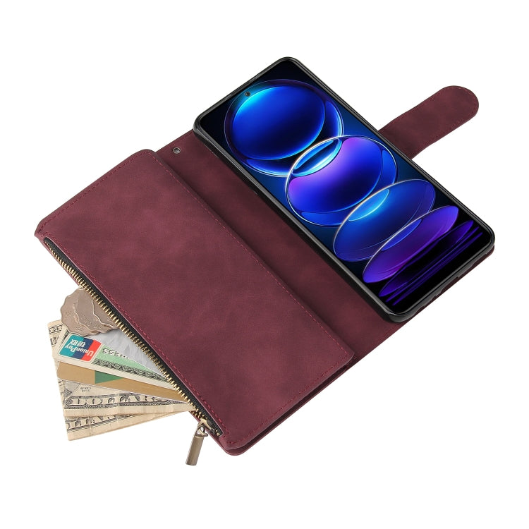 For Xiaomi Redmi Note 12 5G Global India / Poco X5 Multifunctional Multi-Card Wallet Phone Leather Case(Wine Red) - Note 12 Cases by buy2fix | Online Shopping UK | buy2fix