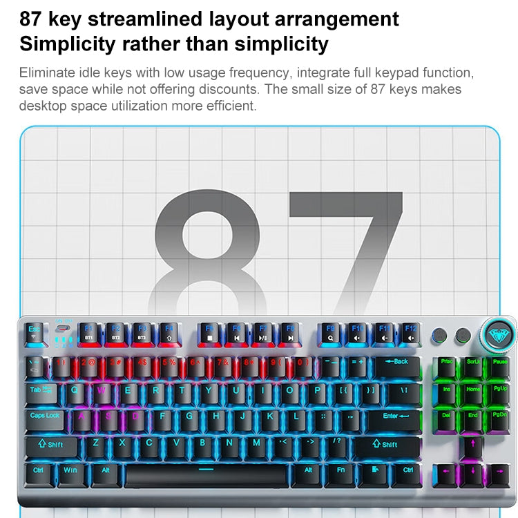 AULA F3001 Backlit 87 Keys Wired/Wireless/Bluetooth Three Model Mechanical Gaming Keyboard(Silver White Tea Shaft) - Wireless Keyboard by AULA | Online Shopping UK | buy2fix