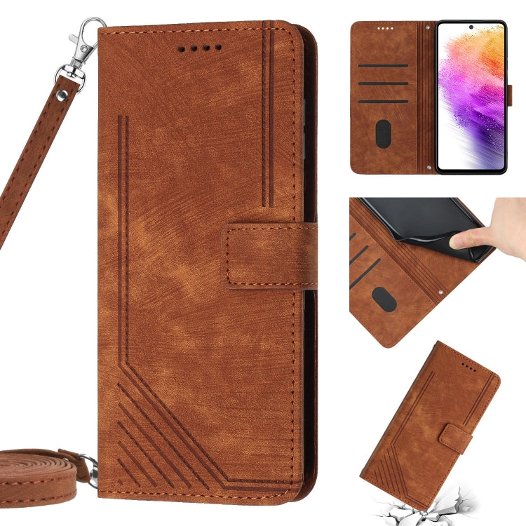 For Samsung Galaxy A12 4G / M12 / F12 4G Skin Feel Stripe Pattern Leather Phone Case with Lanyard(Brown) - Galaxy Phone Cases by buy2fix | Online Shopping UK | buy2fix