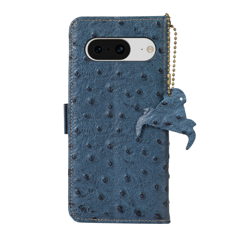 For Google Pixel 8 Ostrich Pattern Genuine Leather RFID Phone Case(Blue) - Google Cases by buy2fix | Online Shopping UK | buy2fix