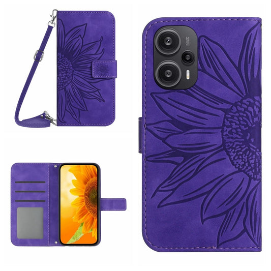 For Xiaomi Poco F5 Skin Feel Sun Flower Embossed Flip Leather Phone Case with Lanyard(Dark Purple) - Xiaomi Cases by buy2fix | Online Shopping UK | buy2fix