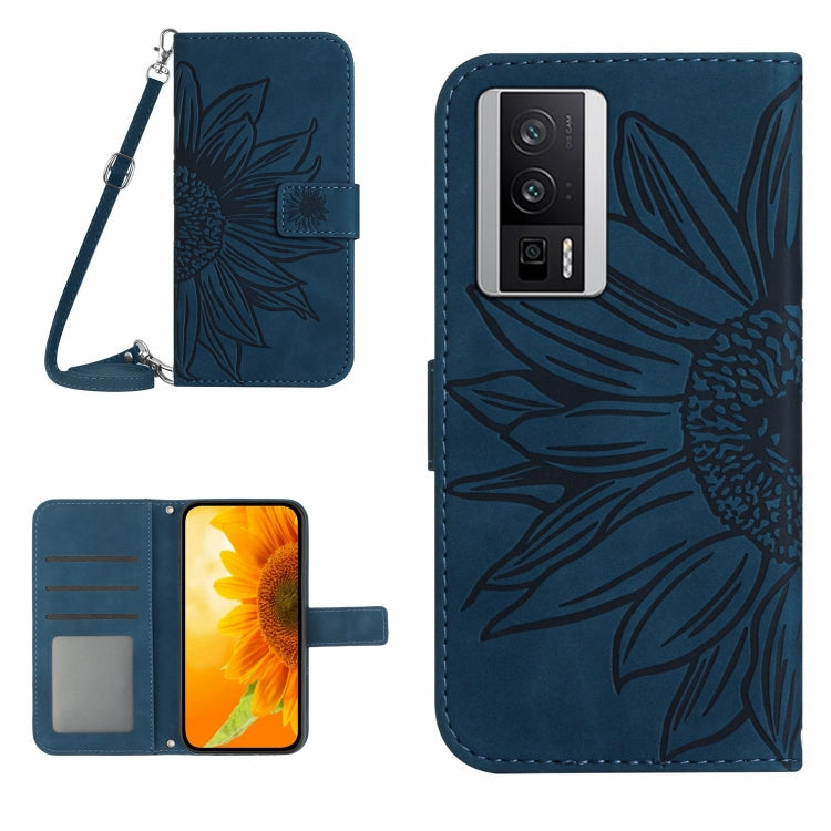 For Xiaomi Poco F5 Pro Skin Feel Sun Flower Embossed Flip Leather Phone Case with Lanyard(Inky Blue) - Xiaomi Cases by buy2fix | Online Shopping UK | buy2fix