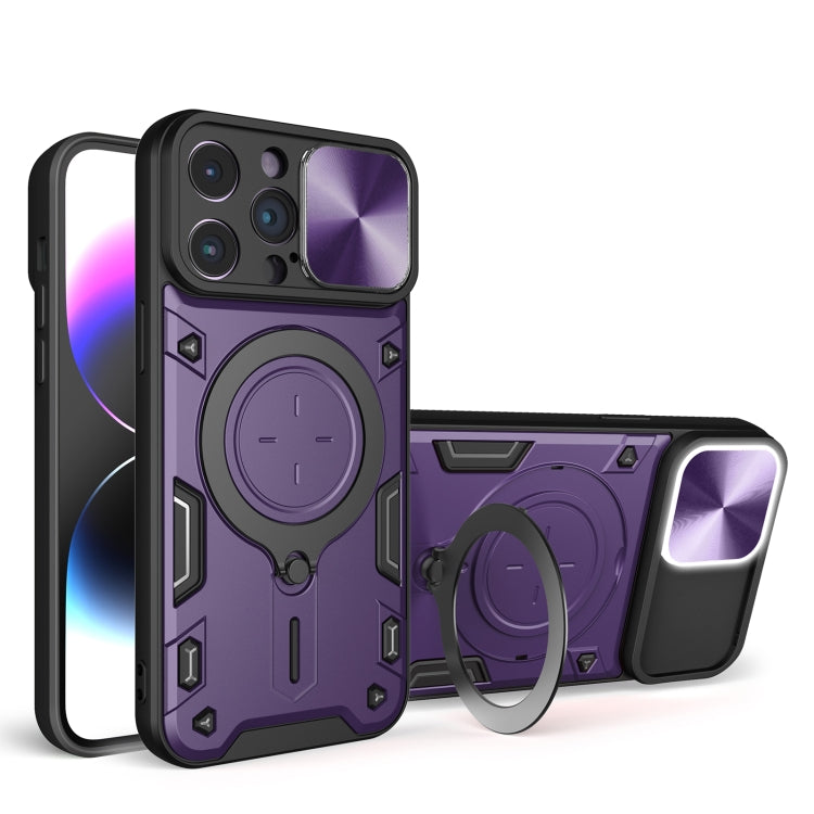 For iPhone 14 Pro Max CD Texture Sliding Camshield Magnetic Holder Phone Case(Purple) - iPhone 14 Pro Max Cases by buy2fix | Online Shopping UK | buy2fix