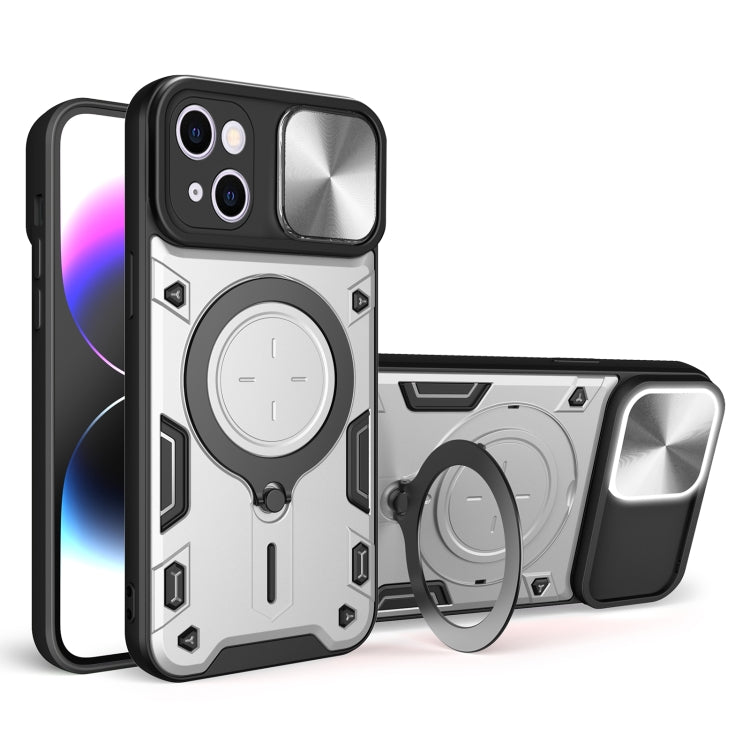 For iPhone 15 CD Texture Sliding Camshield Magnetic Holder Phone Case(Silver) - iPhone 15 Cases by buy2fix | Online Shopping UK | buy2fix