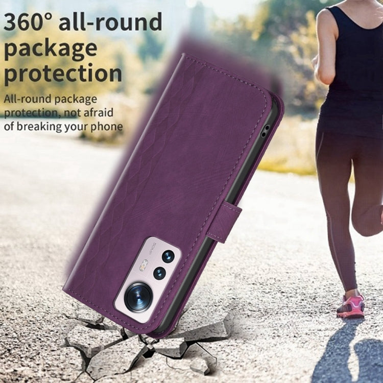 For Xiaomi 12 Plaid Embossed Leather Phone Case(Purple) - 12 Cases by buy2fix | Online Shopping UK | buy2fix