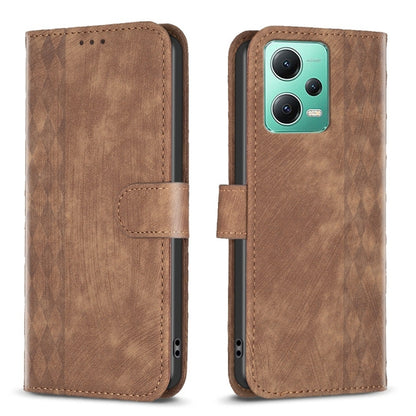 For Xiaomi Redmi Note 12 5G Global Plaid Embossed Leather Phone Case(Brown) - Note 12 Cases by buy2fix | Online Shopping UK | buy2fix