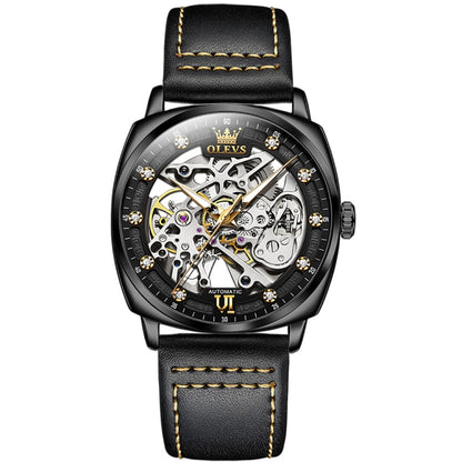 OLEVS 6651 Men Luminous Waterproof Hollow Mechanical Watch(Black) - Leather Strap Watches by OLEVS | Online Shopping UK | buy2fix