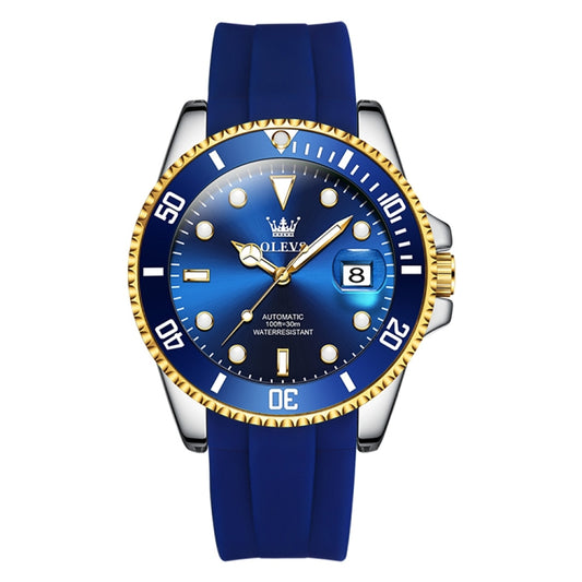 OLEVS 6650 Men Luminous Waterproof Silicone Strap Mechanical Watch(Blue + Gold) - Silicone Strap Watches by OLEVS | Online Shopping UK | buy2fix