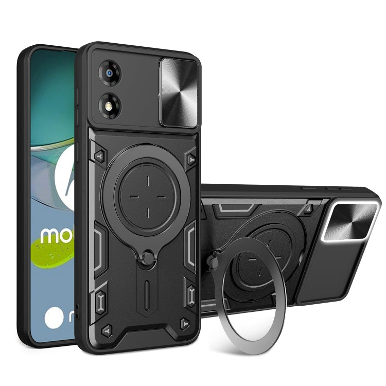 For Motorola Moto E13 CD Texture Sliding Camshield Magnetic Holder Phone Case(Black) - Motorola Cases by buy2fix | Online Shopping UK | buy2fix