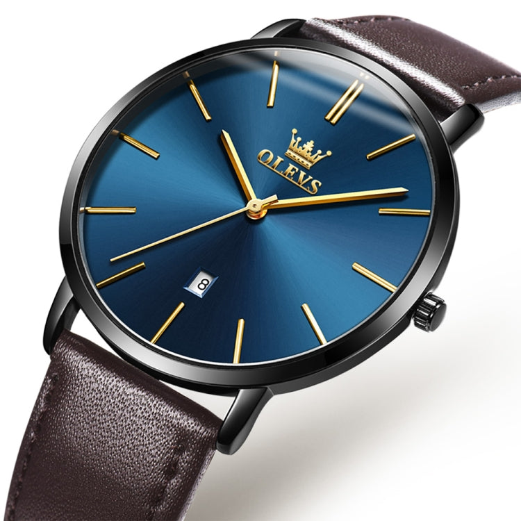 OLEVS 5869 Men Business Waterproof Genuine Leather Strap Quartz Watch(Blue + Dark Brown) - Leather Strap Watches by OLEVS | Online Shopping UK | buy2fix
