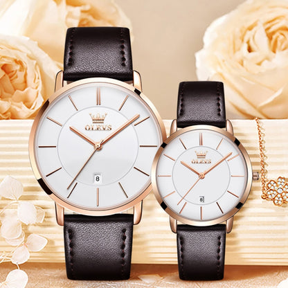 OLEVS 5869 1 Pair Couple Waterproof Genuine Leather Strap Quartz Watch(White + Rose Gold) - Couple Watches by buy2fix | Online Shopping UK | buy2fix