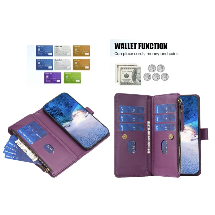 For iPhone 15 Plus 9 Card Slots Zipper Wallet Leather Flip Phone Case(Dark Purple) - iPhone 15 Plus Cases by buy2fix | Online Shopping UK | buy2fix