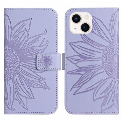 For iPhone 15 Skin Feel Sun Flower Embossed Flip Leather Phone Case with Lanyard(Purple) - iPhone 15 Cases by buy2fix | Online Shopping UK | buy2fix