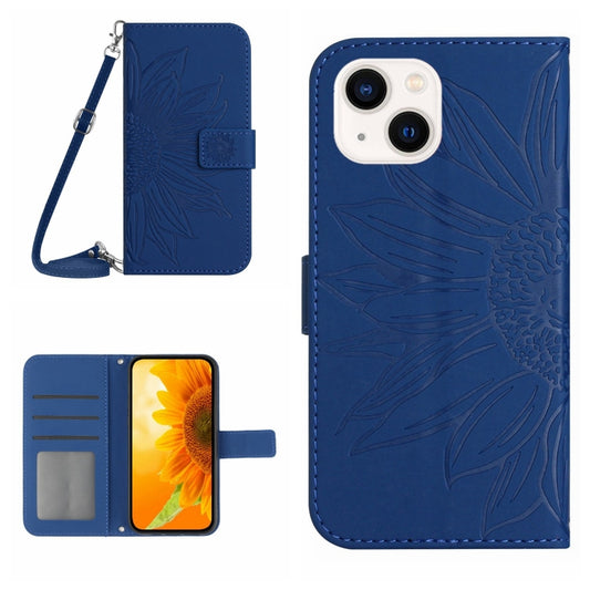 For iPhone 15 Skin Feel Sun Flower Embossed Flip Leather Phone Case with Lanyard(Dark Blue) - iPhone 15 Cases by buy2fix | Online Shopping UK | buy2fix