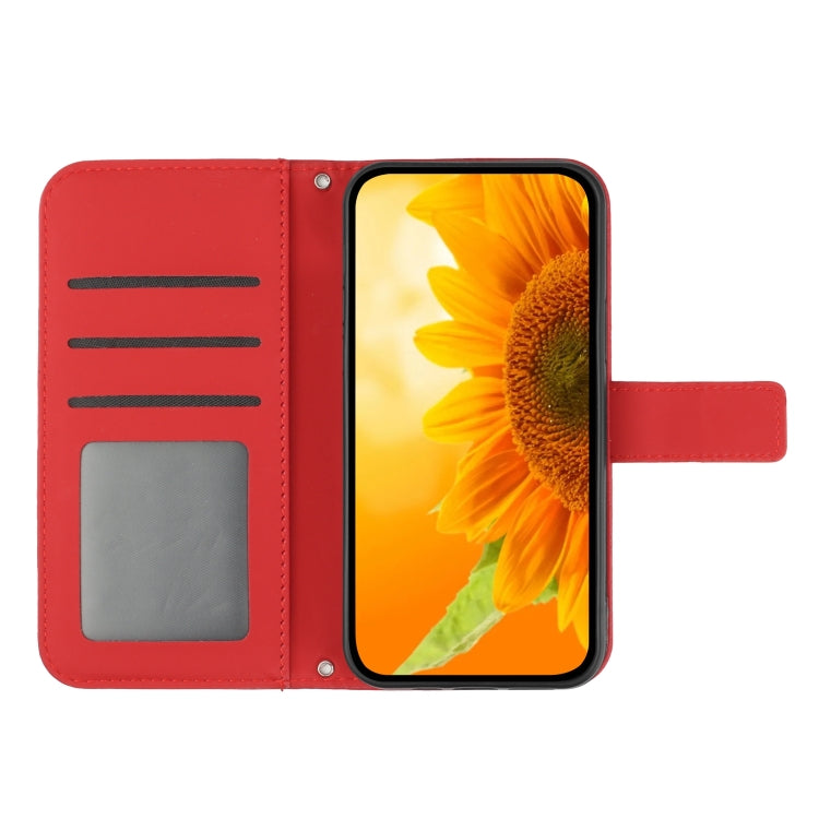 For iPhone 15 Plus Skin Feel Sun Flower Embossed Flip Leather Phone Case with Lanyard(Red) - iPhone 15 Plus Cases by buy2fix | Online Shopping UK | buy2fix