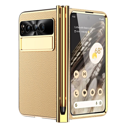 For Google Pixel Fold Litchi Pattern Electroplating Pen Slot Folding Phone Case with Stylus(Gold) - Google Cases by buy2fix | Online Shopping UK | buy2fix