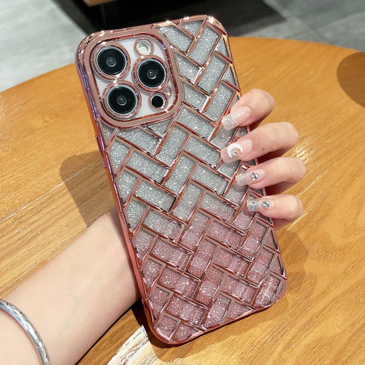 For iPhone 14 Pro Max Woven Grid 3D Electroplating Laser Engraving Glitter Paper Phone Case(Rose Gold) - iPhone 14 Pro Max Cases by buy2fix | Online Shopping UK | buy2fix