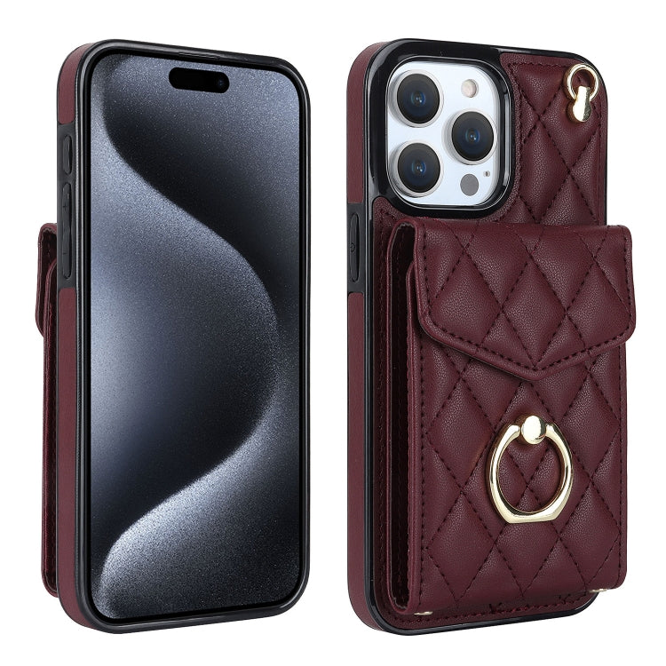 For iPhone 15 Pro Max Rhombic Texture Card Bag Phone Case with Long Lanyard(Wine Red) - iPhone 15 Pro Max Cases by buy2fix | Online Shopping UK | buy2fix