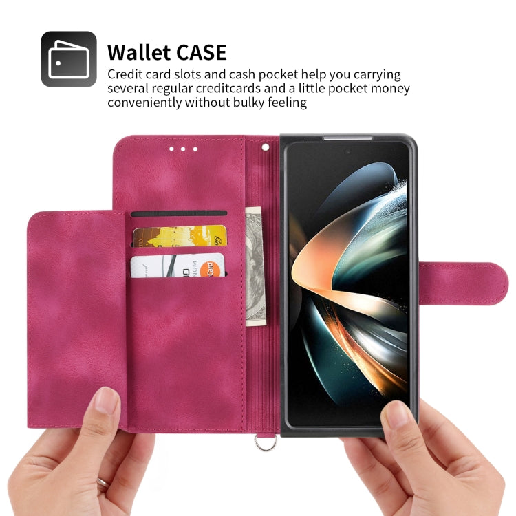 For Samsung Galaxy Z Fold5 Skin Feel Flowers Embossed Wallet Leather Phone Case(Wine Red) - Galaxy Z Fold5 Cases by buy2fix | Online Shopping UK | buy2fix