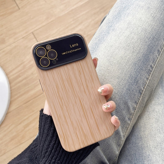 For iPhone 14 Pro Max Wood Grain TPU Phone Case with Lens Film(Khaki) - iPhone 14 Pro Max Cases by buy2fix | Online Shopping UK | buy2fix