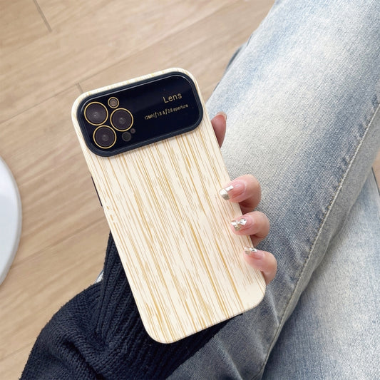 For iPhone 14 Pro Max Wood Grain TPU Phone Case with Lens Film(Beige) - iPhone 14 Pro Max Cases by buy2fix | Online Shopping UK | buy2fix