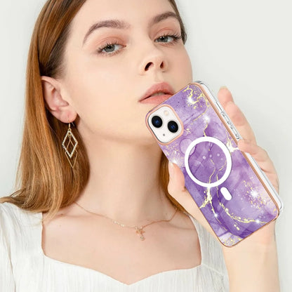 For iPhone 14 Plus Marble Pattern Dual-side IMD Magsafe TPU Phone Case(Purple 002) - iPhone 14 Plus Cases by buy2fix | Online Shopping UK | buy2fix