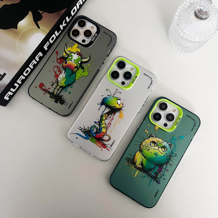 For iPhone 15 Pro Max Double Layer Color Silver Series Animal Oil Painting Phone Case(Beer Cat) - iPhone 15 Pro Max Cases by buy2fix | Online Shopping UK | buy2fix