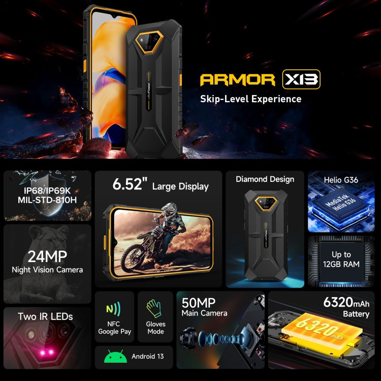 Ulefone Armor X13, 6GB+64GB, IP68/IP69K Rugged Phone, 6.52 inch Android 13 MediaTek Helio G36 Octa Core, Network: 4G, NFC, OTG(Some Orange) - Ulefone by Ulefone | Online Shopping UK | buy2fix