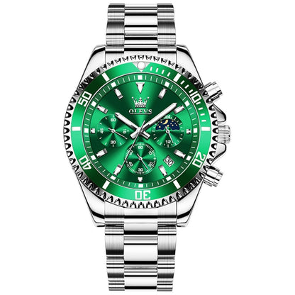 OLEVS 2870 Men Multifunctional Chronograph Three Eyes Waterproof Quartz Watch(Green + Silver) - Metal Strap Watches by OLEVS | Online Shopping UK | buy2fix