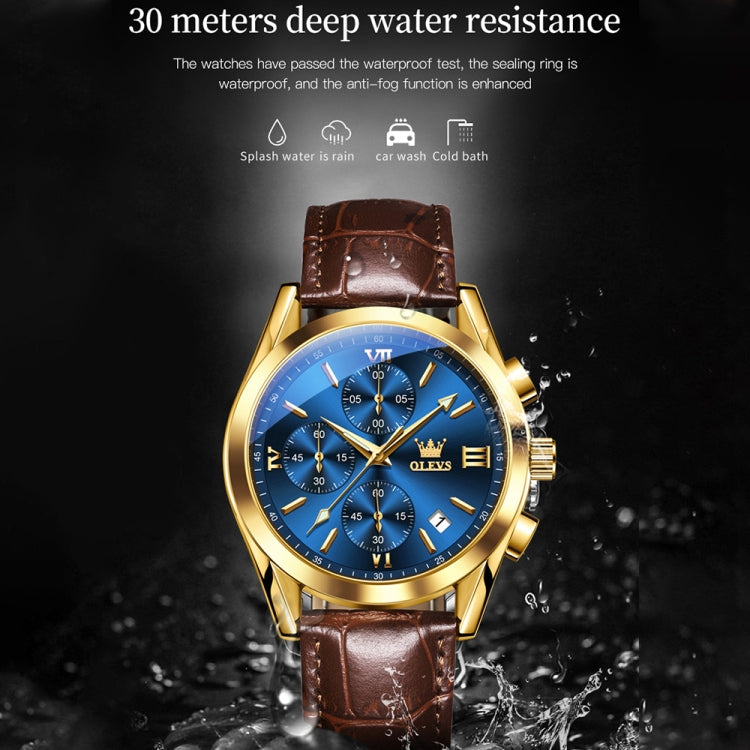 OLEVS 2872 Men Three Eyes Six Needles Chronograph Waterproof Quartz Watch(Blue + Gold) - Leather Strap Watches by OLEVS | Online Shopping UK | buy2fix