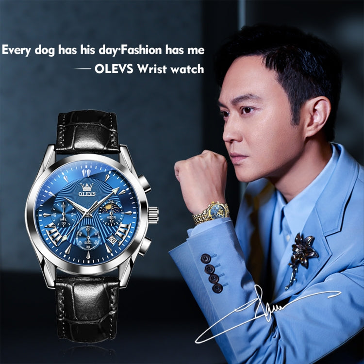 OLEVS 2876 Men Multifunctional Sports Chronograph Quartz Watch(Blue) - Leather Strap Watches by OLEVS | Online Shopping UK | buy2fix