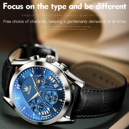 OLEVS 2876 Men Multifunctional Sports Chronograph Quartz Watch(Blue) - Leather Strap Watches by OLEVS | Online Shopping UK | buy2fix