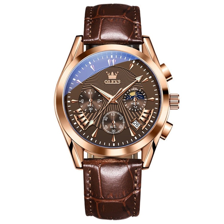 OLEVS 2876 Men Multifunctional Sports Chronograph Quartz Watch(Coffee + Rose Gold) - Leather Strap Watches by OLEVS | Online Shopping UK | buy2fix