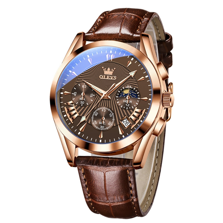 OLEVS 2876 Men Multifunctional Sports Chronograph Quartz Watch(Coffee + Rose Gold) - Leather Strap Watches by OLEVS | Online Shopping UK | buy2fix