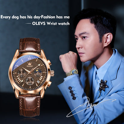 OLEVS 2876 Men Multifunctional Sports Chronograph Quartz Watch(Coffee + Rose Gold) - Leather Strap Watches by OLEVS | Online Shopping UK | buy2fix