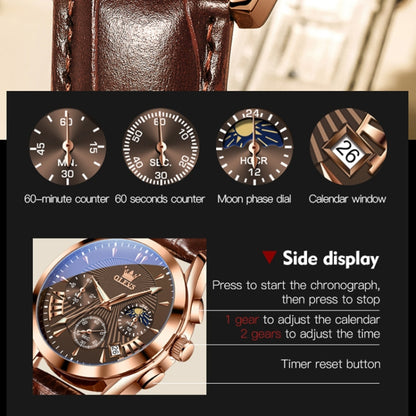 OLEVS 2876 Men Multifunctional Sports Chronograph Quartz Watch(Coffee + Rose Gold) - Leather Strap Watches by OLEVS | Online Shopping UK | buy2fix