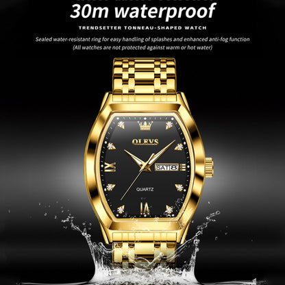 OLEVS 5528 Men Business Dual Calendar Wine Barrel Waterproof Quartz Watch(Black + Gold) - Metal Strap Watches by OLEVS | Online Shopping UK | buy2fix