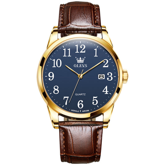 OLEVS 5566 Men Simple Single Calendar Waterproof Quartz Watch(Blue) - Leather Strap Watches by OLEVS | Online Shopping UK | buy2fix