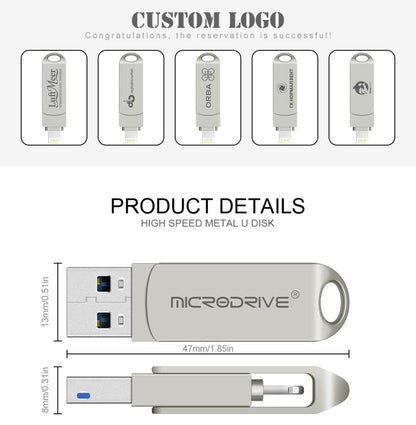 MicroDrive 2 In 1  8 Pin + USB 2.0 Portable Metal USB Flash Disk, Capacity:256GB(Silver) - USB Flash Drives by MICRODRIVE | Online Shopping UK | buy2fix