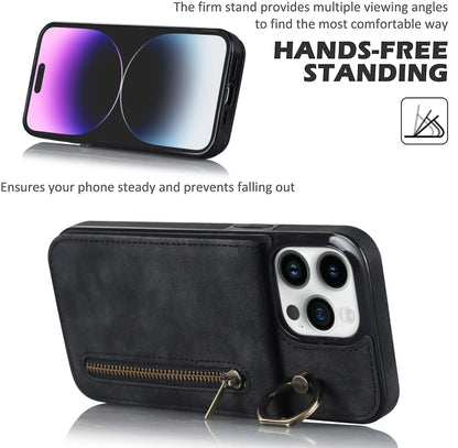 For iPhone 15 Pro Max Retro Ring and Zipper RFID Card Slot Phone Case(Black) - iPhone 15 Pro Max Cases by buy2fix | Online Shopping UK | buy2fix