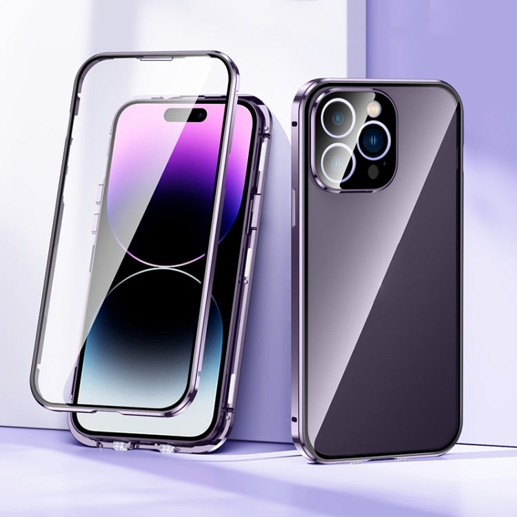 For iPhone 15 Pro Max Magnetic Double-buckle HD Tempered Glass Phone Case(Purple) - iPhone 15 Pro Max Cases by buy2fix | Online Shopping UK | buy2fix