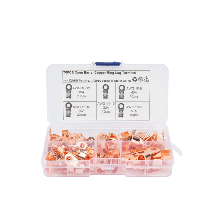 70 PCS Icstation Open Barrel Pure Copper Ring Lug Wire Crimp Terminals Assortment Kit - In Car by buy2fix | Online Shopping UK | buy2fix