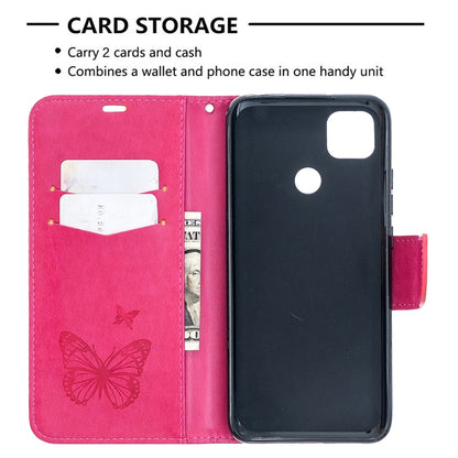 For Xiaomi Redmi 9C Two Butterflies Embossing Pattern Horizontal Flip Leather Case with Holder & Card Slot & Wallet & Lanyard(Rose Red) - Xiaomi Cases by buy2fix | Online Shopping UK | buy2fix