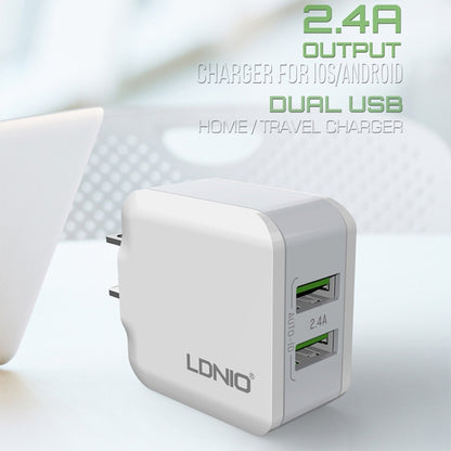 LDNIO A2201 2.4A Dual USB Charging Head Travel Direct Charge Mobile Phone Adapter Charger With 8 Pin Data Cable (US Plug) - Apple Accessories by LDNIO | Online Shopping UK | buy2fix